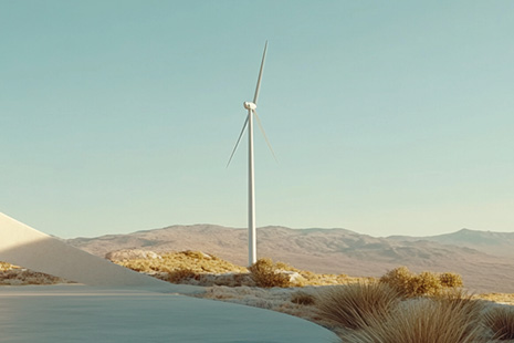 Turbina eólica solitaria en un paisaje desértico con montañas al fondo. El cielo está despejado y el suelo cubierto de vegetación seca y rocas. Hay una carretera pavimentada en el lado izquierdo de la imagen.